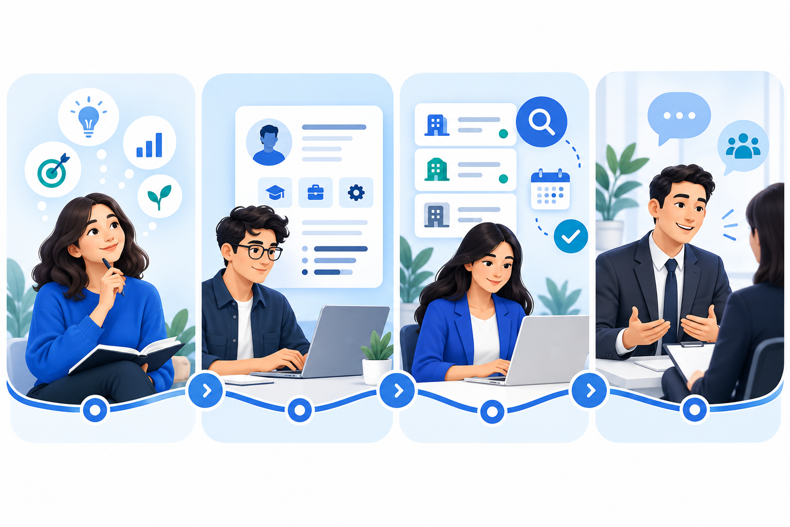 Four stages showing how YosCareer helps job seekers from career clarity to interviews